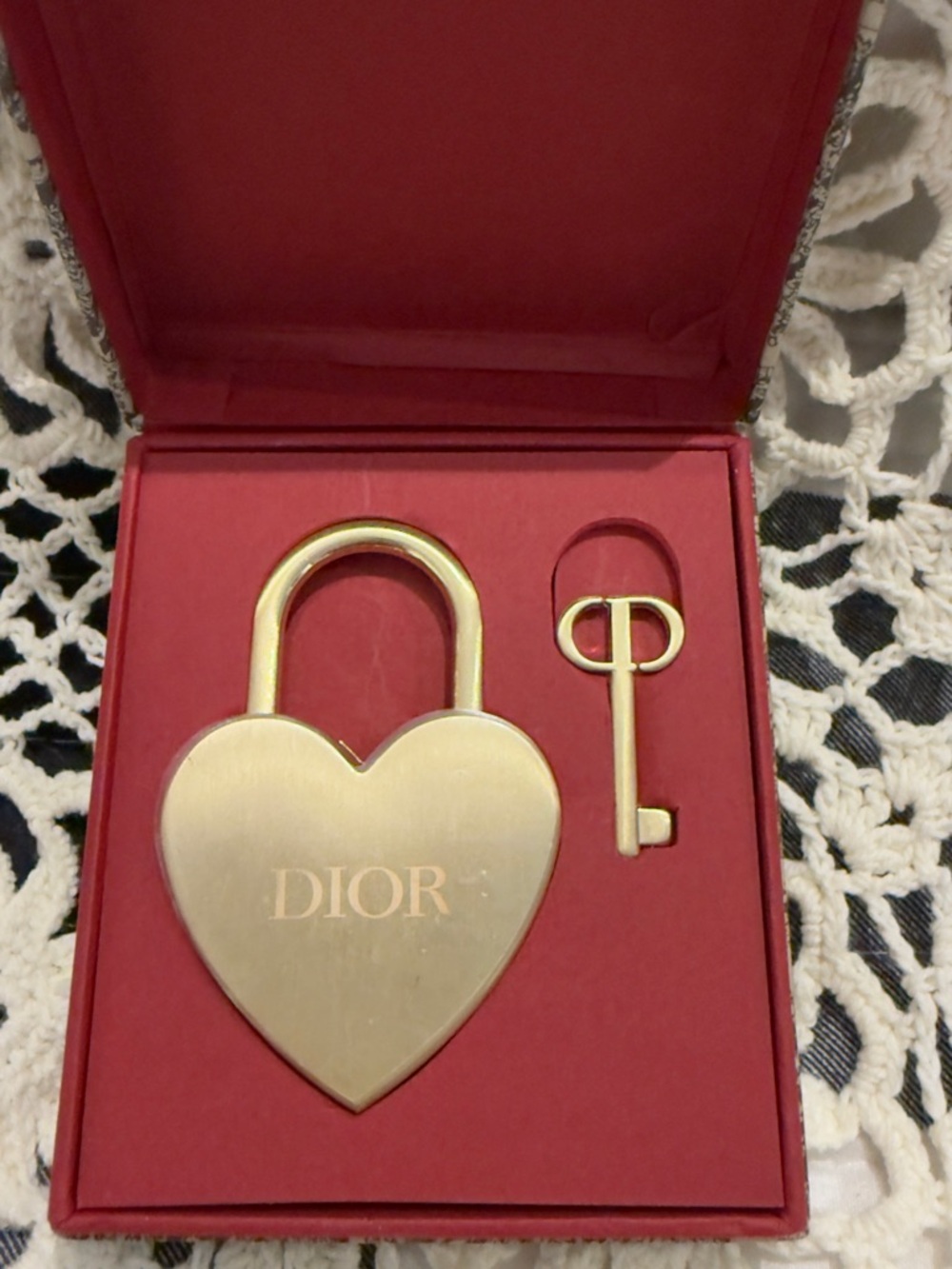 Dior Gold Heart Padlock and Key in Red Presentation